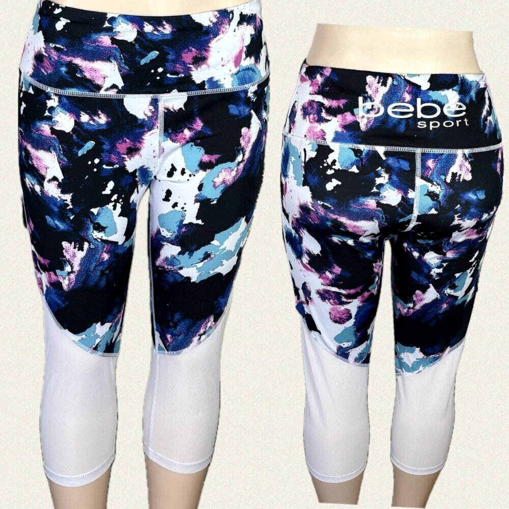 Bebe XL White Multicolor Paint Splash Print 4 Way Stretch Mesh Legs Capri Pants